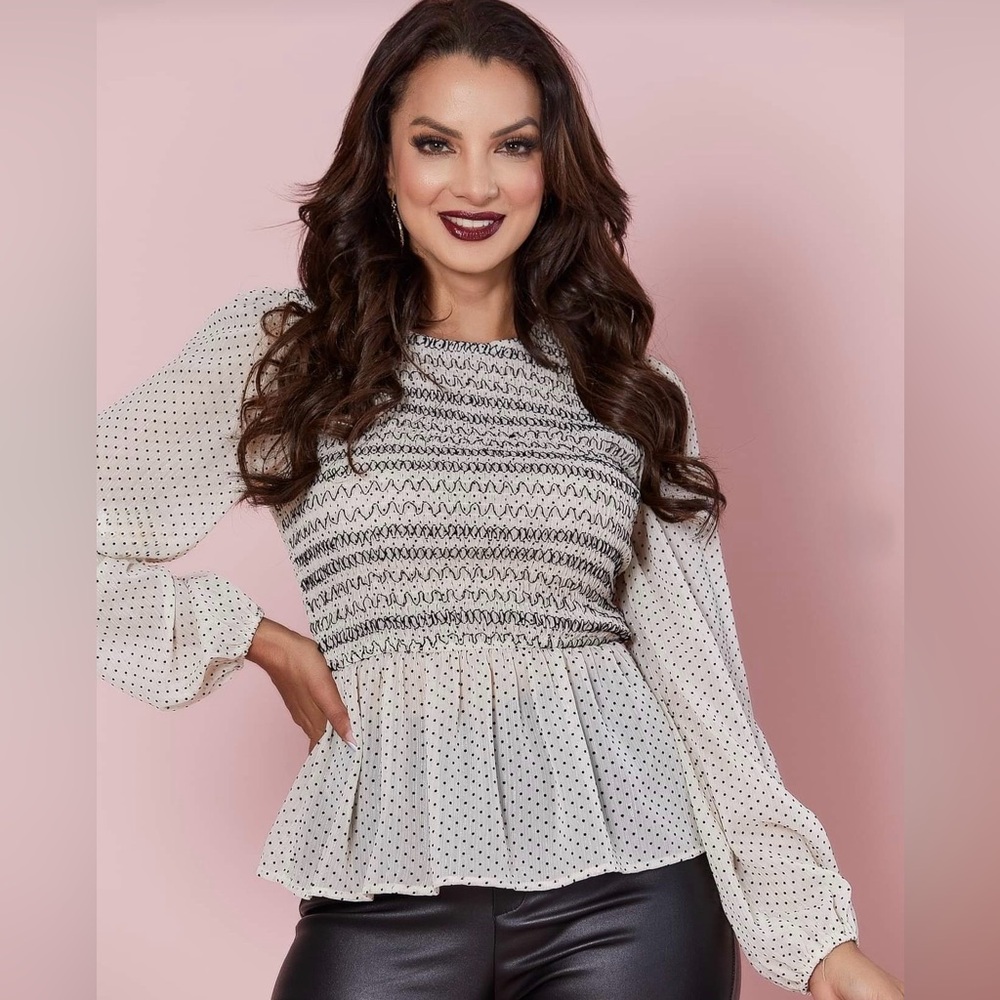 SUBTLE SHIMMER Smocked Polka Dot Long Sleeve Peplum Top LARGE (runs small)